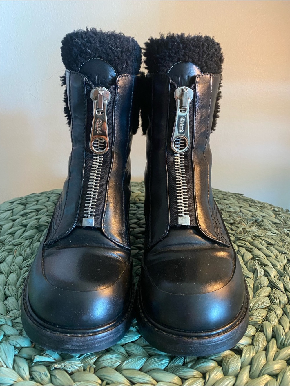 Chloe Black Leather Zip Shearling-Trim Ankle Boots